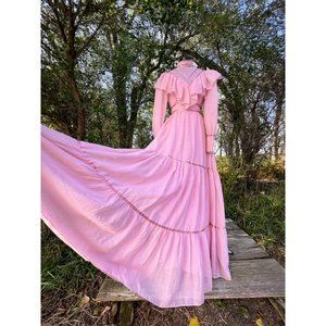 Vintage 1970s Pink JCPenny Peasant Maxi Dress Size 7/8